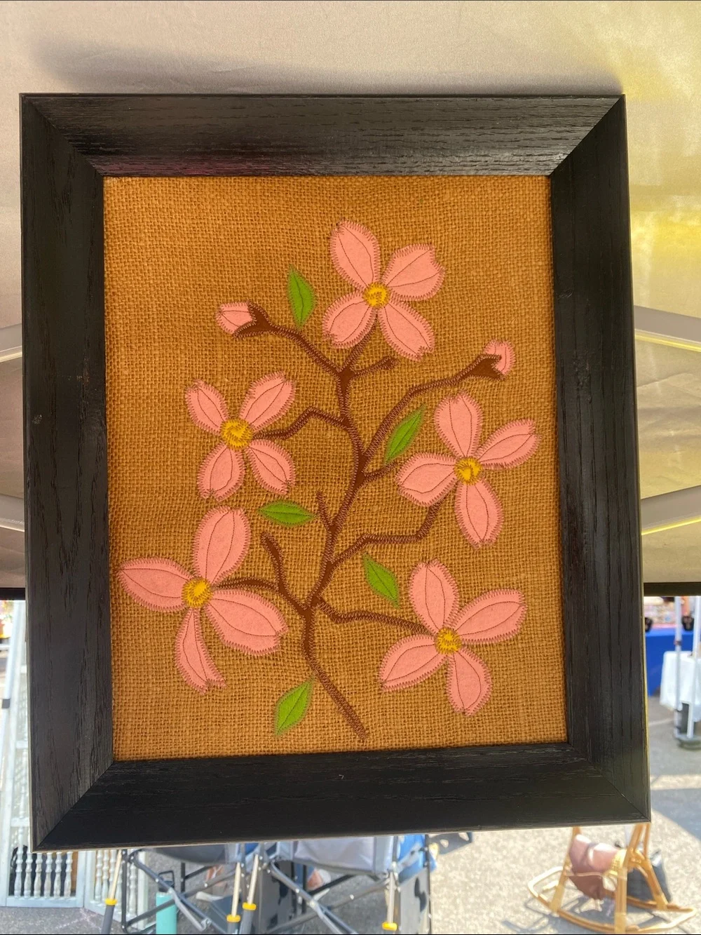 Pink Floral Embroidery Framed Fiber Art